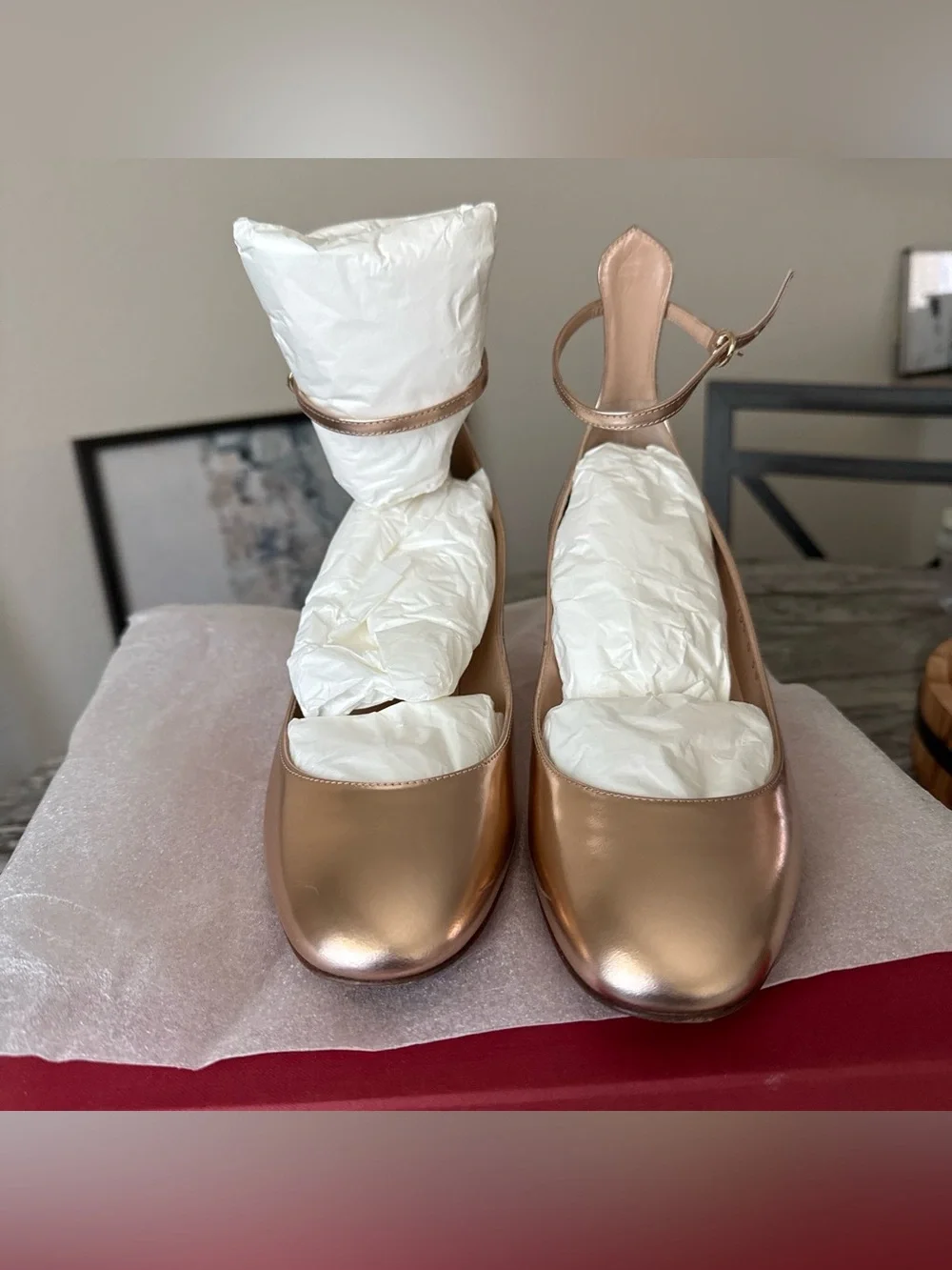 Valentino Garavani Metallic Rose Gold Mary Jane Block Heel